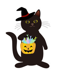 トリックオアトリート　お菓子を持つハロウィーンの黒猫　背景透明