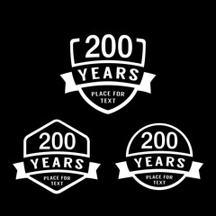 200 years anniversary celebration logotype. 200th anniversary logo collection. Set of anniversary design template. Vector illustration. 