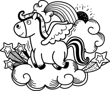 Hand drawn black and white unicorn character