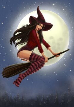 beautiful witch flies on a broom for the sabbath