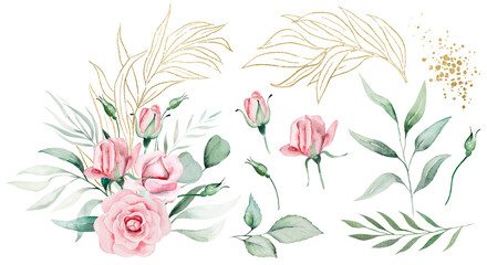 Bouquet made of pink watercolor flowers and green leaves, wedding and greeting illustration