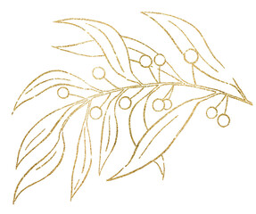 Christmas hand drawn leaves with berries silhouette, golden outlines. Christmas design Illustration