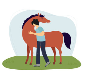 Happy boy, teenager hugging a bay horse. Man hugging a horse. Hippotherapy. Vector flat illustration.