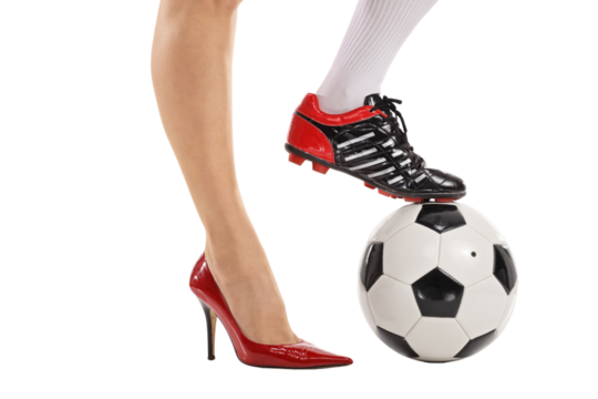 One foot in high-heeled shoe and other in soccer shoe - Powered by Adobe
