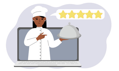 A site with reviews of online grocery shopping through a laptop or ordering fast food delivery. The cook holds a tray with a lid or a plate with a lid.