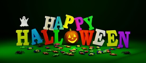 3D illustration, halloween poster, with multicolored letters, pumpkins, spiders and candies on a green background, 3D rendering.