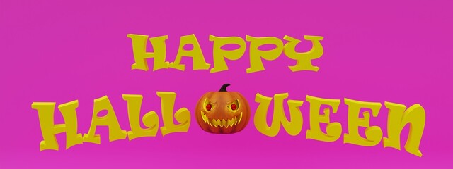3D illustration, inscription happy halloween, with pumpkin pink background 3D rendering.