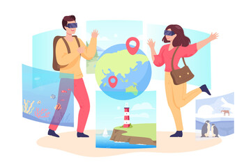 Man and woman in VR glasses on virtual trip around world. Virtual summer travel experience flat vector illustration. Metaverse, traveling, tourism concept for banner, website design, landing web page