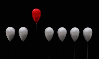 3D illustration, a set of white balloons in a row, where a red one stands out above the others, concept of leadership, blue background, 3D rendering.