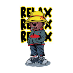 cool teddy bear illustration with relax text on white background