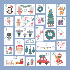 Christmas advent calendar with cute animals and traditional symbols. Vector illustration with winter elements.