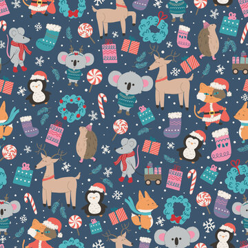 Seamless Christmas pattern with cute animals and seasonal elements. Festive background with deer, koala, fox, penguin