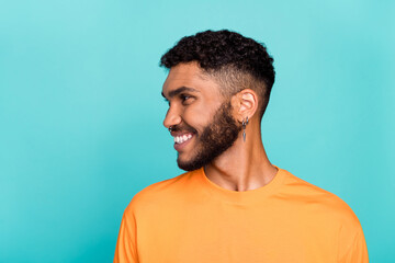 Close up profile side photo of nice cool dude boy dressed orange stylish outfit look empty space...