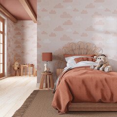 Farmhouse children bedroom in orange and beige tones. Single bed with wall mockup. Parquet floor and wallpaper. Boho interior design
