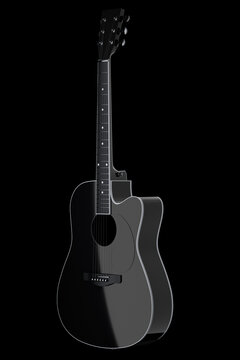 Close-up of acoustic guitar isolated on black background.