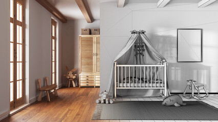 Architect interior designer concept: hand-drawn draft unfinished project that becomes real, wooden nursery with frame mockup. Canopy crib, carpet and toys