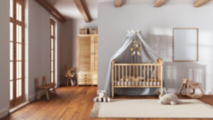 Blurred background, wooden nursery with frame mockup. Canopy crib, carpet and toys. Vintage interior design