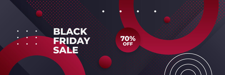 Black Friday sale design template. Black Friday sale horizontal banner with black red background with place for text. Design template for black Friday sale banner. Vector illustration.