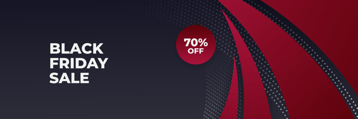 Black Friday sale design template. Black Friday sale horizontal banner with black red background with place for text. Design template for black Friday sale banner. Vector illustration.