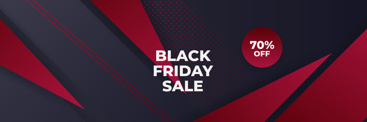 Black Friday sale design template. Black Friday sale horizontal banner with black red background with place for text. Design template for black Friday sale banner. Vector illustration.