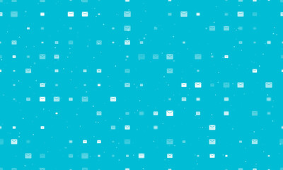 Seamless background pattern of evenly spaced white email symbols of different sizes and opacity. Vector illustration on cyan background with stars