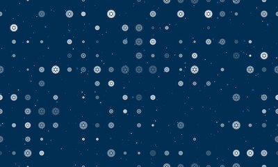 Seamless background pattern of evenly spaced white optic cable symbols of different sizes and opacity. Vector illustration on dark blue background with stars