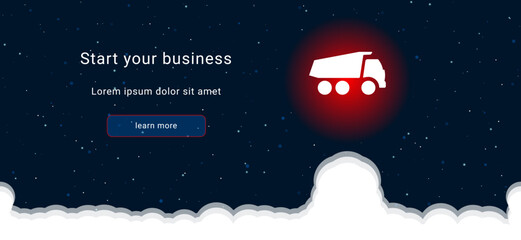 Business startup concept Landing page screen. The truck symbol on the right is highlighted in bright red. Vector illustration on dark blue background with stars and curly clouds from below