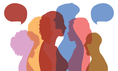 People from a diverse group of nationalities talk in a speech bubble. Vector cartoon heads face to the side. Communication on social networks.