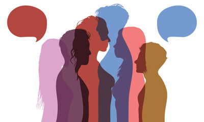 The concept of communication. Community. Share information on social networks. Vector cartoon of international people speaking and interacting. 