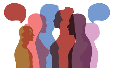 Cloud of speech bubbles. Cartoon character profile of a network. Diverse people of the community. Social networking information. People communicating in groups.