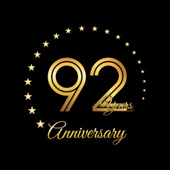 Fototapeta na wymiar 92 Years Anniversary, Perfect template design for anniversary celebration with gold color for booklet, leaflet, magazine, brochure poster, web, invitation or greeting card. Vector template