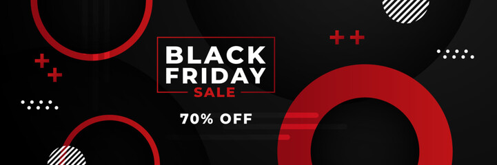 Black Friday sale design template. Black Friday sale horizontal banner with black red background with place for text. Design template for black Friday sale banner. Vector illustration.