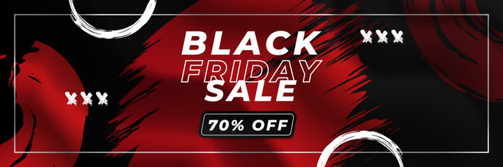 Black Friday sale design template. Black Friday sale horizontal banner with black red background with place for text. Design template for black Friday sale banner. Vector illustration.