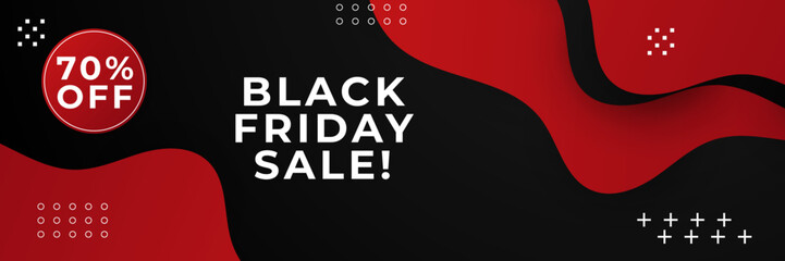 Black Friday sale design template. Black Friday sale horizontal banner with black red background with place for text. Design template for black Friday sale banner. Vector illustration.