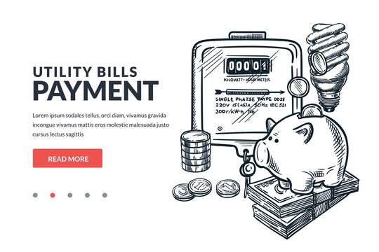 Utility bills payment concept. Vector hand drawn sketch illustration of electricity meter, piggy bank, light bulb, money
