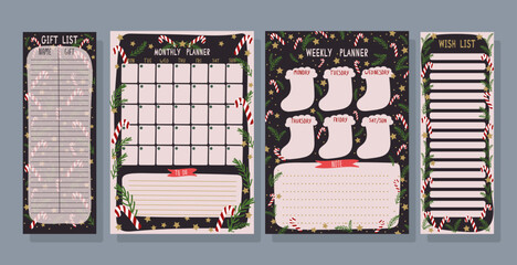 Set of cute planners with traditional Christmas illustrations. Monthly plan, weekly plan, wish list and gift sheet with christmas elements on dark background. Christmas and New Year planning