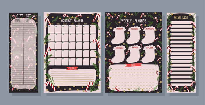 Set of cute planners with traditional Christmas illustrations. Monthly plan, weekly plan, wish list and gift sheet with christmas elements on dark background. Christmas and New Year planning