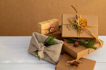 Christmas eco-friendly gift wrapping concept, zero waste , environmental protection.Children's...