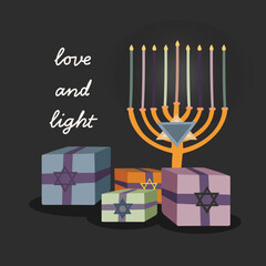 Happy Hanukkah, Jewish Festival of Lights background for greeting card, invitation, banner, Presents, Love and light