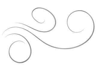 Silver ornament, floral swirl. Gray wavy lines. Isolated png illustration, transparent background. Asset for overlay, pattern, cards, montage, collage or mark making.	