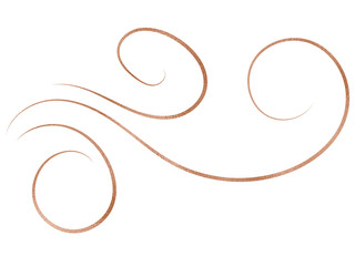 Rose golden ornament, floral swirl. Gold wavy lines. Isolated png illustration, transparent background. Asset for overlay, pattern, cards, montage, collage or mark making.	