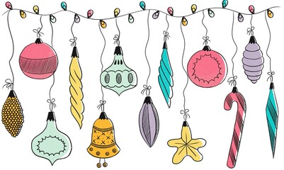 collection color of christmas balls, bells, icicles, decorations