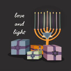 Happy Hanukkah, Jewish Festival of Lights background for greeting card, invitation, raster version, Presents, Love and light