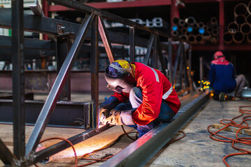 Welding male worker metal steel is part of beam structure