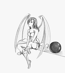 Sketch of mystical girl gargoyle sits on the roof and looks up