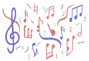 set of colored pencil musical notes with treble clef isolated on white background