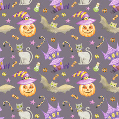 Watercolor seamless halloween pattern with haunted house,gray cat,bat,poison,candy cane,star,pumpkin and sweet candy  on deep purple background.Good for children textile,fabrics.