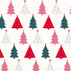 Christmas trees vector, seamless pattern, New Year, winter, forest, holiday, season, December, pink, red, green, white, background, stars, decorations, for print, textile, stationary, wrapping paper