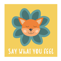 Cute card or poster with phrase keep life simple. Positive inspirational quote, motivation. Fox and flower. Greeting card. Trendy design, modern style. Psychological support.