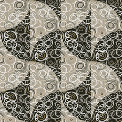 Decorative kaleidoscope mosaic ornament. Circle shapes seamless pattern. Doodle style.